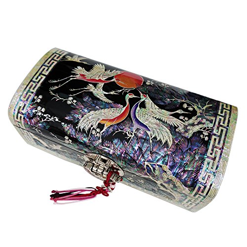 Mother of Pearl Crane Bird and Pine Tree Design Purple Wooden Jewellery Drawer Mirror Trinket Keepsake Treasure Gift Asian Lacquer Box Case Chest