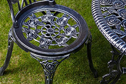 Home Source Rose Garden Patio Outdoor Bistro Set Table and 2 Chairs Metal Garden Furniture, Grey