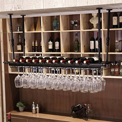 Wrought Iron Hanging Cup Holder Fashion Creative Wine Glass Rack Bar Counter Upside Down Personality J1111, PIBM, Black, 100 * 30cm