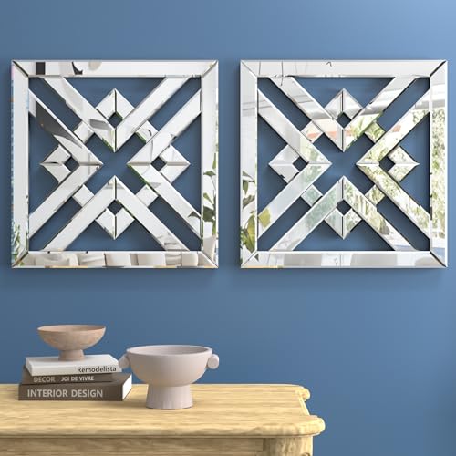 NEUWEABY 2 Pack Silver Mirrored Decorative Wall Mirror, 12"x12"Bevelled Gorgeous Glam Accent Decor Mirror, DIY Wall-Mounted Mirrors Square Hand C