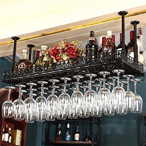 Metal Iron Ceiling Wine Rack, Hanging Mounted Wine Bottle Holder, Upside Down Champagne Glass Rack, Stemware Goblet Rack, Bar Home Decor, Black (