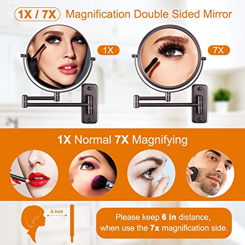 DECLUTTR Wall Mounted Makeup Mirror, 1X/7X Magnifying Mirror, 360° Swivel Double Sided Extendable Bathroom Mirror for Shaving, Bronze