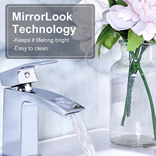 Hapilife Basin Taps Waterfall with Pop up Waste Square Bathroom Sink Mixer Taps with UK Standard Hoses