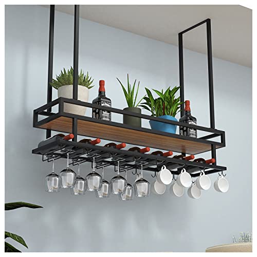 EYLINK Wine Storage Racks, Industrial Hanging Wine Rack with Glass Holder and Guard Rail, Ceiling Mount Floating Shelf 2 Tier, for Kitchen/Restau