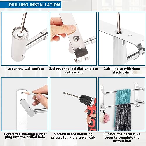 Stainless Steel Towel Shelf, Towel Rail Wall Mounted 38-70cm, Self Adhesive Double Towel Rail, Bath Towel Rail Self Adhesive with 2 Hooks for Bat