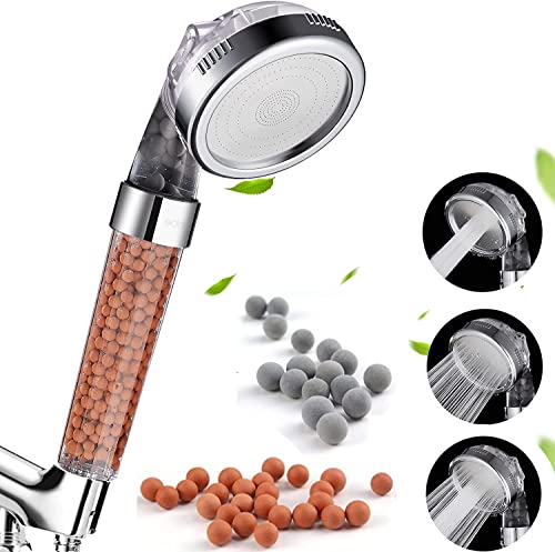 LAMOOER Shower Heads with Beads Filter High Pressure Shower Head Handheld with 3 Spray Modes Water Saving Bathing (1 Pack)