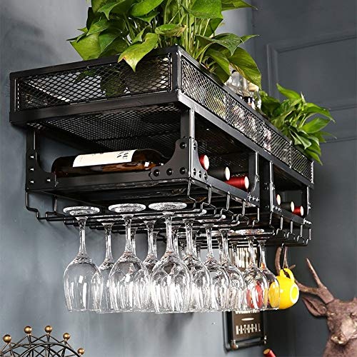 PIBM Retro Iron Art Storage Wine Rack Wall-Mounted Wine Bottle and Wine Glasses Display Shelf 100X35X27Cm J1029