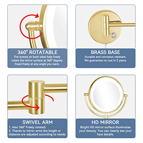 DOWRY Wall Mounted Magnifying Mirror with Light 5x,Gold Extendable Mirror,LED Illuminated Shaving Mirror,360 ° Rotatable Double Sided Mirror,Ø20c