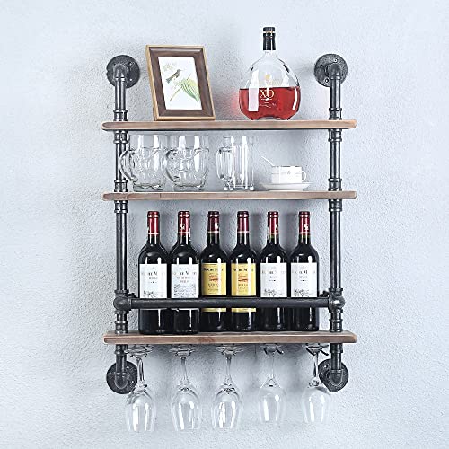 Industrial Pipe Shelf Wine Rack Wall Mounted with 5 Stem Glass Holder,24in Real Wood Shelves Kitchen Wall Shelf Unit,3-Tiers Rustic Floating Bar