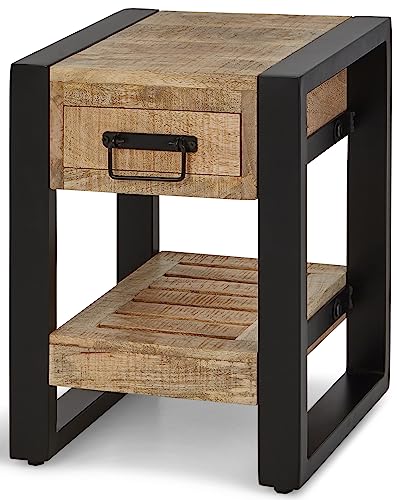Harbour Lamp Sofa Side Table With Drawer for Living Room, Hallway, Bedroom - Handcrafted Reclaimed Wood Small Bedside Table with Shelf - Fully As
