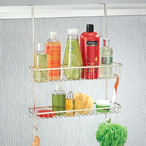 mDesign Wide Over Shower Door Bathroom Tub & Shower Caddy, Hanging Storage Organiser Center - Built-in Hooks, Baskets on 2 Levels for Bathroom Sh