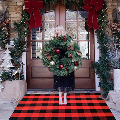 Orange and Black Plaid Rug, 35.4''x59'' Fall Outdoor Front Door Decorative Mat, Hand-Woven Rug for Layered Door Mats Washable Carpet for Porch, E