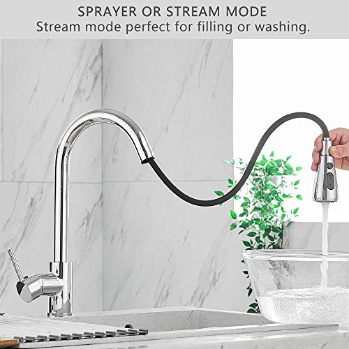 Heable Kitchen Sink Mixer Tap with Pull Down Sprayer Chrome, Single Handle High Arc Pull Out Kitchen Taps, Single Level Solid Brass Kitchen Fauce