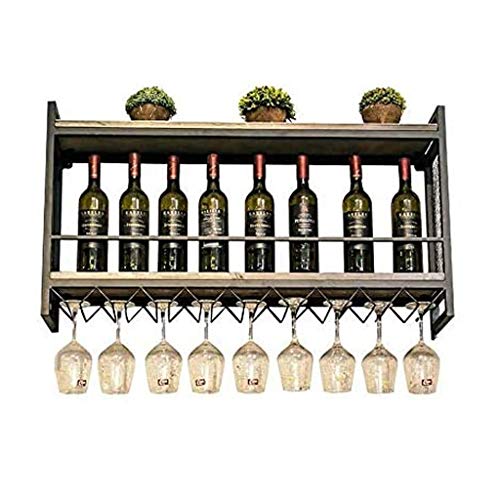Vintage Wine Racks Wall-Mounted, Kitchen Bar Unit Floating Shelves Rustic Wood Board Wine Bottle Holder Metal Iron Wine Glass Rack Goblet Stemwar