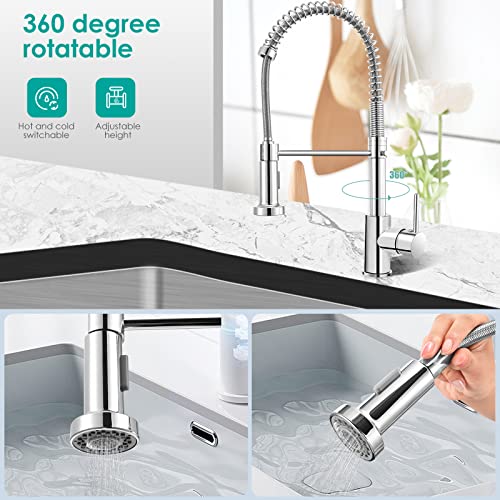 Pakuyi Spring Kitchen Sink Faucet Single Handle Single Lever High Arc Spring Faucet 360° Swivel Spring Kitchen Mixer Tap with Pull Out Sprayer wi
