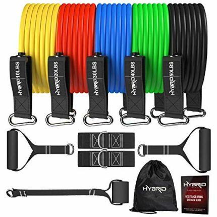 HYBRID Resistance Bands Set Men Women, HEAVY DUTY 12pcs Exercise Bands, Up to 150LB, 68kg, 2 Foam Handles, 2 Ankle Straps, Door Anchor - Fitness
