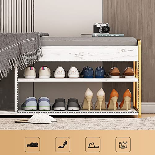 Shoe Storage Bench with Foam Padded Seat, 2-Tier Wooden Shoe Bench with Storage Space, Entryway Shoe Bench, Metal Frame, for Hallway Front Door,