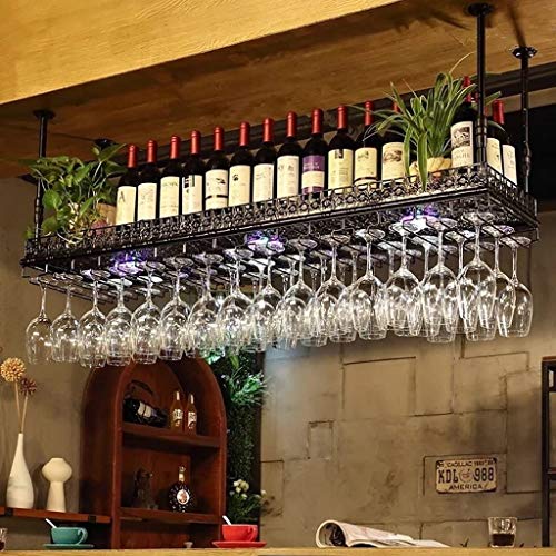 Metal Iron Ceiling Wine Rack, Hanging Mounted Wine Bottle Holder, Upside Down Champagne Glass Rack, Stemware Goblet Rack, Bar Home Decor, Black (