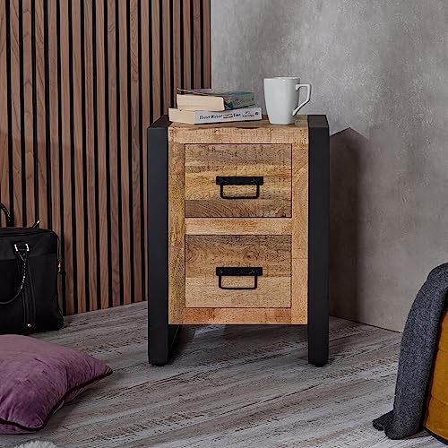 Harbour Bedside Table With Two Drawers for Living Room, Hallway, Bedroom - Handcrafted Reclaimed Wood Small Side Table - Fully Assembled Rustic E