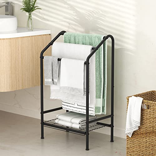 Pickpiff 3 Tier Towel Rail Rack Stand with Storage Platform, Free-standing Metal Towel Drying Shelf, Washcloths Holder, Bathroom Storage Organize