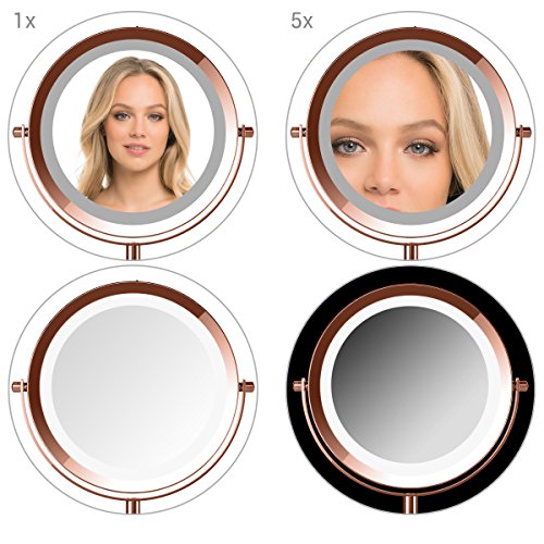 Navaris LED Illuminated Makeup Mirror - Two-Sided Vanity Mirror with Normal and 5x Magnification - 2-in-1 360° Swivel Cosmetics Mirror - Copper