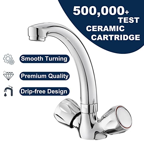 Kitchen Taps, BATHWEST Compact Kitchen Sink Tap, Dual Knob 360°Swivel Solid Brass Advanced Multi-Layer Chrome Modern Kitchen Mixer Tap with UK St