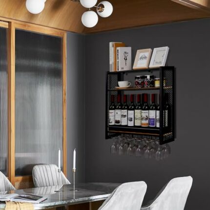 7RiversART 3-Tier New & Improved Wall Mounted Wine Rack Anti-Rust Durable Space Saving Multifunctional Storage with Glass Holder Wood Shelf
