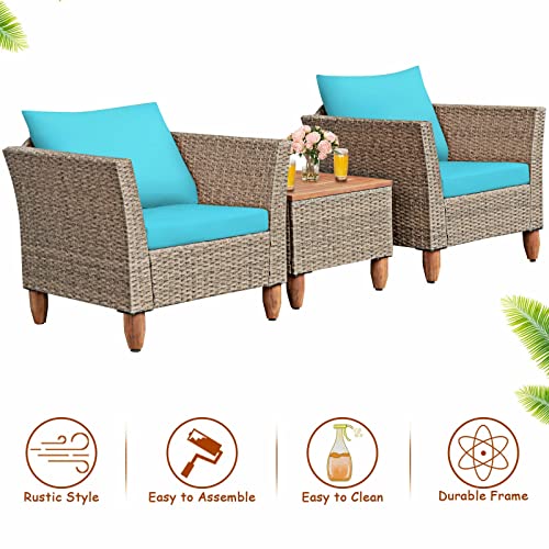MIAOZI 3PCS Patio Rattan Bistro Furniture Set Wood Table Top Cushion Sofa Navy/Red/Black/Turquoise (Color : 3-Pack)