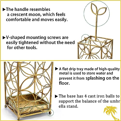SMQLJXC Metal Umbrella Rack Stand,Umbrella holder for entryway,umbrella holder indoor,With Handle and Drip Tray,Home Office Decor(Antique Gold)