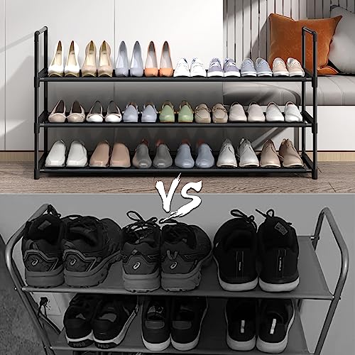 HITHIM 3 Tier Long Shoe Rack,Stackable Wide Shoe Shelf for Shoe Storage,Sturdy Shoe Stand,Non-Woven Fabric Shoe Organizer for Closet,Upgrade Shoe