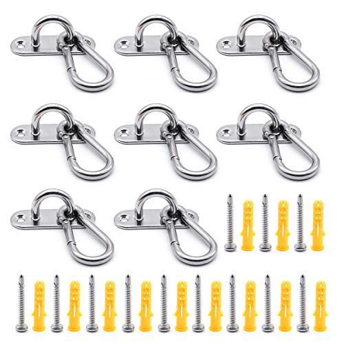 MgcTolBox 8 Sets M6 Eye Pad Plate and Metal Staple Ring Hook Heavy Duty Metal Pad Eye Plate and Carabiner Clips with 16 Screws for Hammocks, Susp