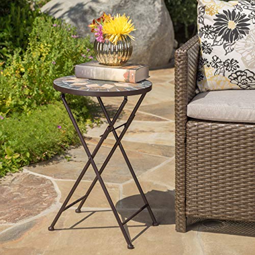 GDF Studio Sandor Outdoor Beige and Black Stone Side Table with Iron Frame