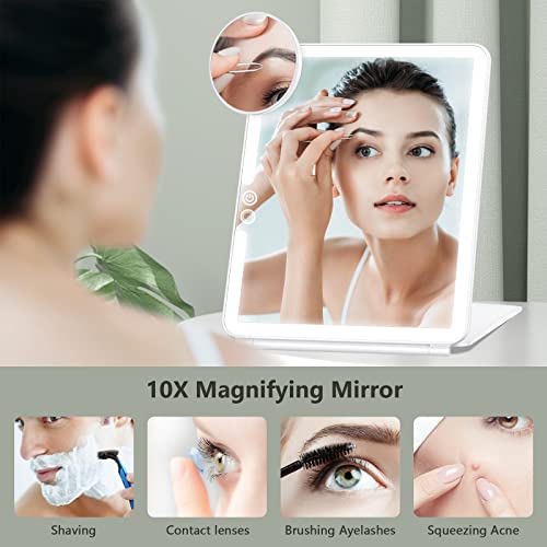 Large Travel Makeup Mirror with 10X Magnifying Mirror, Travel Lighted Makeup Mirror, 3 Color Lighting, Rechargeable 2000mAh Batteries, Portable U