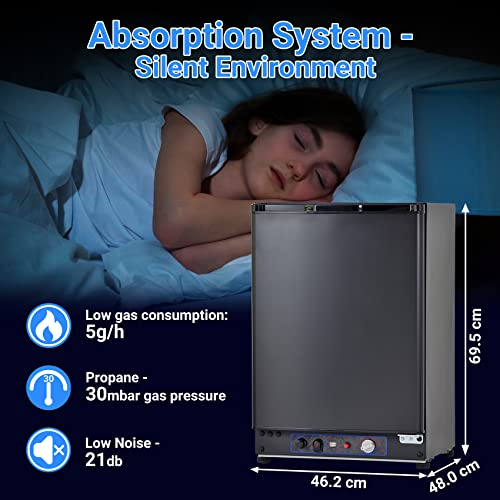 Techomey 3 Way Fridge Camping, 60L Gas Fridge 12V 240V LPG, 3 Way Campervan Fridge for Camping, Outdoor, Caravan, RV, Motorhome, Traveling, Black