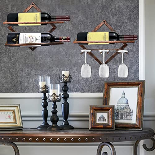 MERYSAN 2Pcs Metal Wall Mounted Wine Holder, Vintage Copper Hanging Wall Wine Rack Storage for 3 Liquor Bottles 3 Glass, Red Wine Bottle Display