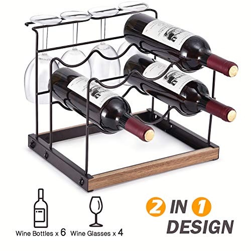 KINGRACK Wine Rack 6 Bottles, Countertop Wine Bottles Holder Racks, Metal Copper Wine Glass Holder, Wine Storage Organizer Free Standing, 2 Tier