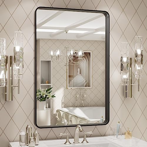 LOAAO 20X30 Inch Black Metal Framed Bathroom Mirror for Wall, Matte Black Bathroom Vanity Mirror Farmhouse, Large Rounded Rectangle Mirror, Anti-