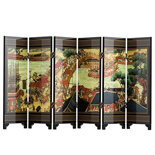 TJ Global 6-Panel Traditional Chinese Art for Home Decoration - Decorative Lacquerware, Home Decor, Lacquer, Oriental, Mini Divider (Peonies)