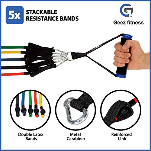 Geez Fitness Resistance Bands Full Set for Women and Men, Mobility, Strength Training Body & Injury Rehab, Door Anchor, Bands for Chest, Thighs,