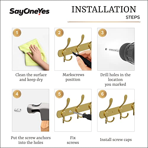 SAYONEYES Gold Coat Rack Wall Mount with 5 Tri Hooks for Hanging – 16 Inch Heavy Duty Stainless Steel Rustic Coat Rack Wall Mount – Hat Rack, Han