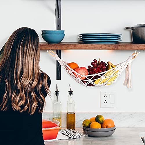 KINBOM 23.6inch Hanging Fruit Hammock with 2pcs Screw Hooks, Hammock Fruit Holde, 100% Cotton Handmade Woven Space-Saving Fruit Veggie Hammock un