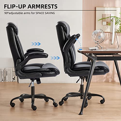 MZLEE Executive Office Chair, Ergonomic Computer Desk Chair PU Leather Swivel Work Chair with Flip-up Armrest, Adjustable Height, Comfy for Offic