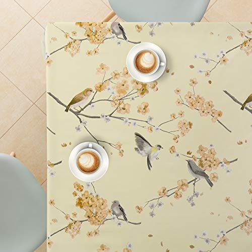 Floral Beige Wipe Clean Tablecloth with Birds - Rectangular 300x140 cm | 118x55in 10 Seats, Waterproof Vinyl Thick PVC Wax Wipeable Smooth Plasti