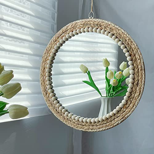 C&Z 15 Inch Boho Round Hanging Wall Mirror Decorative Rattan Circle Wall Mounted Mirror for Farmhouse, Living Room, Bedroom, Bathroom