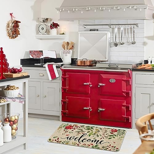 ORTIGIA Welcome Christmas Poinsettia Doormat Indoor Outdoor Patio Eucalyptus Leaves Door Mats Non-Slip Durable Entrance Mat for Home Entrance, Ou