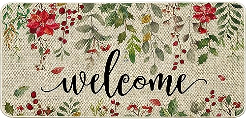 ORTIGIA Welcome Christmas Poinsettia Doormat Indoor Outdoor Patio Eucalyptus Leaves Door Mats Non-Slip Durable Entrance Mat for Home Entrance, Ou