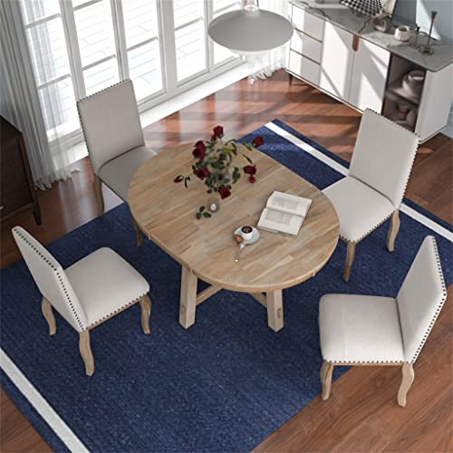 FEER 5 Piece Farmhouse Dining Table Wooden Round Extendable Dining Table And 4 Upholstered Chairs
