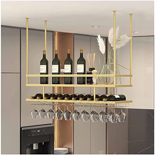 EMISOO Ceiling Mount Shelf Hanging Wine Rack with Glass Holder and Shelf, Adjustable Height Metal Ceiling Bar Wine Glass Rack, 2 Layer Industrial