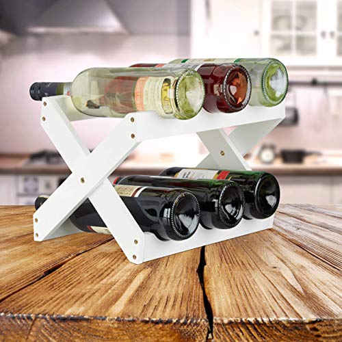 Relaxdays Bamboo Wine Rack, X Shape, 6 Bottles, Country House Style, Small, Folding Bottle Holder, HWD 22 x 36 x 20 cm, White