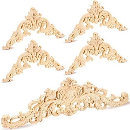 5 Pieces Wood Appliques Onlays Large Applique Onlay Decorative Wood Appliques DIY Wood Appliques for Furniture Long Wood Carved Onlay for Mirror